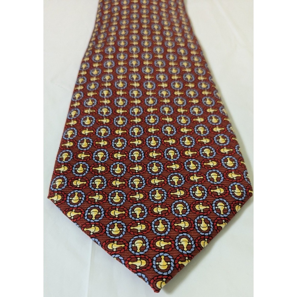Caesar Roma Made Italy Silk Tie Maroon Geometric Equestrian Old Money 59 x 3.75